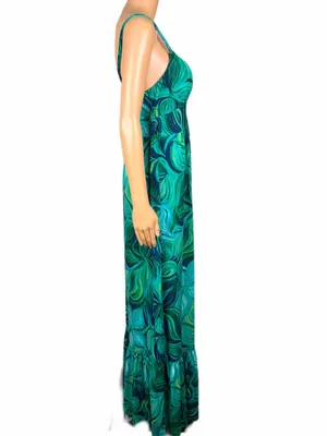 BISOU BISOU Green Navy Blue Tropical Swirl Print Empire Waist Maxi Dress Size 16 thumbnail 4