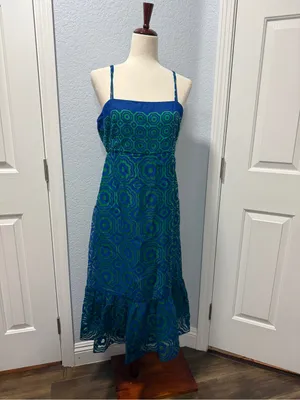 Trina Turk Blue Green Geometric Print Midi Dress Size 6 Resort Coastal Vacation thumbnail 8