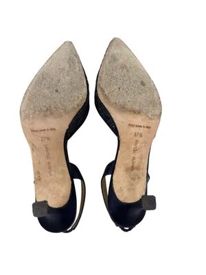 Manolo Blahnik Carolyne 70 Navy Blue Floral Lace Slingback Pumps Size 37.5 thumbnail 8