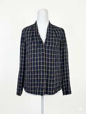 Aritzia Babaton Power Blouse Small S Navy‎ Blue Cream Check Plaid V-Neck Career thumbnail 2