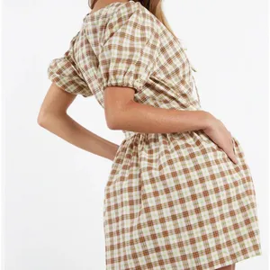 Motel Plaid Puff Sleeve Tie-Front Dress Size S Brown & Green Check Cottagecore thumbnail 6