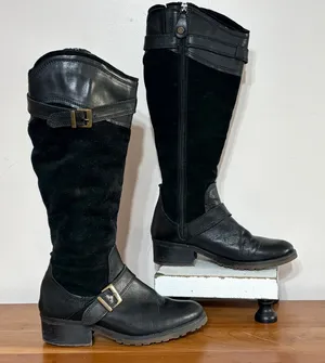 Fabianelli Black Leather Suede Tall Moto Boots Buckle Detail G186 Euro 37 thumbnail 1