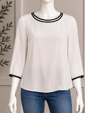 Forever 21 Women Blouse Contrast Trim Scoop Neck Cream Large thumbnail 1