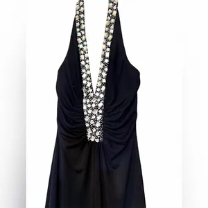 Morgan & Co Y2K Black Embellished Halter Dress with Cinched Gathered Vneck Sz XS thumbnail 4