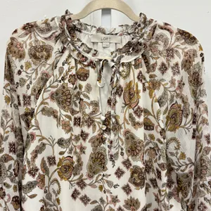 Loft Women's Paisley Floral Ruffle Neck Keyhole Blouse‎ Cream Brown Size M thumbnail 3