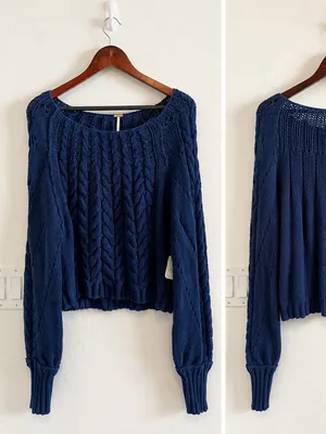 Free People Cable Stitch Pullover Sweater in Blue Sz M thumbnail 2