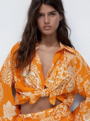 Zara Orange Paisley Tie Front Crop Top Large thumbnail 1