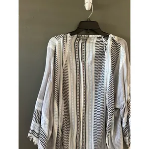 Natural Reflections Blue Striped‎ Frayed Kimono Wrap L/XL Coastal Cardigan thumbnail 2
