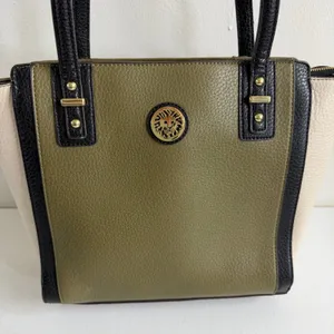 Anne Klein olive green cream colorblock faux leather lined zip shoulder purse thumbnail 2