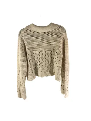 H&M Ivory Knit Cropped Crochet Sweater With V-Neck & Collar Size M 100% Cotton thumbnail 2