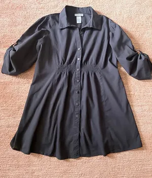 Oh Mamma Black Cotton Smocked Waist Button Front Tunic Shirt Size L thumbnail 1