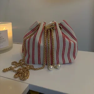 Striped Red and White Linen Bucket Bag thumbnail 3