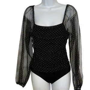 LE LIS COLLECTION Dina Black Swiss Dot‎ Sheer Sleeve Square Neck Bodysuit Medium thumbnail 2