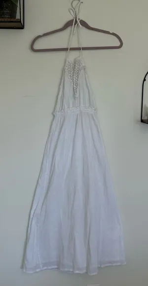 Anthropologie Raga Dress Maxi White Crochet‎ Halter Empire Boho Swim Coverup S thumbnail 1