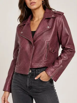 AKIRA Burgundy Croc Embossed Faux Leather Moto Jacket Belted Biker Coat. Size L thumbnail 1