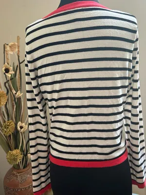 Morgan de toi France Striped Black and White Sweater Cardigan with Red Trim thumbnail 3