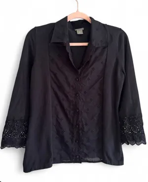 Ann Taylor Silk Blend Mixed Media Black Embroidered & Knit Button-Front Top Sz M thumbnail 1