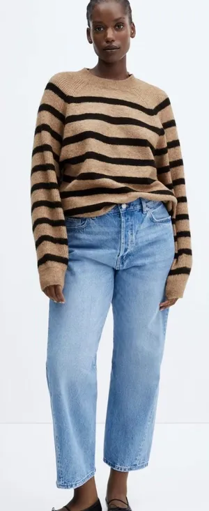 Mango MNG Striped Raglan Knit Sweater Camel Black Crew Neck Relaxed Fit XS thumbnail 1