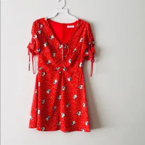 Red Floral Mini Dress Ruched Tie Front Lined Back Zip thumbnail 6