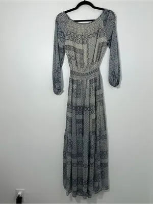 Abercrombie Women’s XS Blue Cream Boho Print Maxi Dress Long Sleeve Boho thumbnail 3