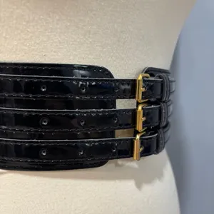 VTG Y2K Black Patent Leather Corset Belt Triple Buckle Whimzigoth Punk Gothic thumbnail 5