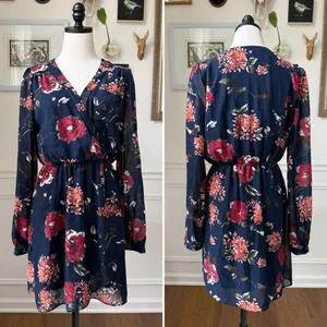Lulus Pretty Pretender Navy Blue Floral Print Sheer Long Sleeve Mini Dress L thumbnail 2