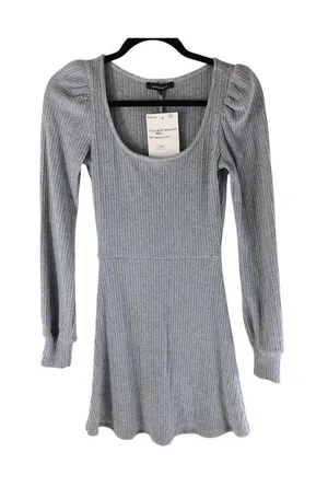 Olivaceous Mini Dress A Line Long Sleeve Knit Puff Sleeve Scoop Neck Gray Size S thumbnail 1