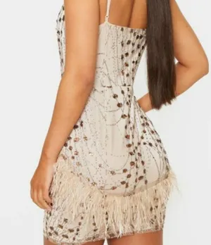 Prettylittlething Sequin Glitter Embellished Feather Trim Bodycon Dress thumbnail 4