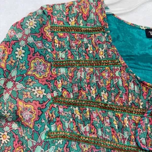 Anthropologie Tanvi Kedia Dress Bohemian Tassel Tie Rayon Green Floral Print S‎ thumbnail 6