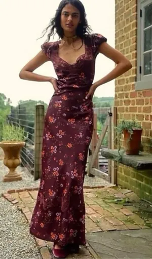 Free People Dainty Lace Retro 90s Butterfly Babe Maxi Dress in Brown Combo Small thumbnail 1