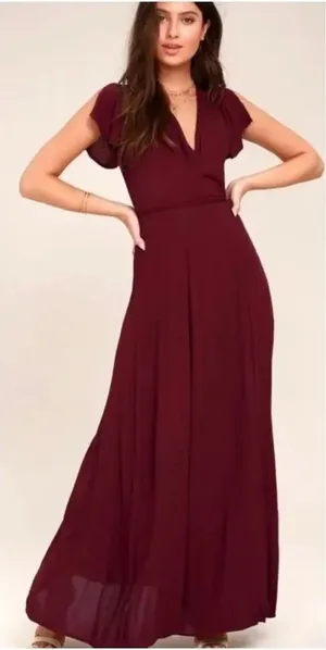 Lulus Burgundy Wide-Leg Jumpsuit NWT | Women’s Small | Flutter Sleeve Deep V thumbnail 1