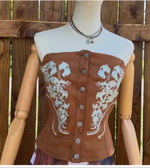 Lucky & Blessed Camel Stretch Suede Floral Embroidered Top thumbnail 6