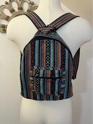 Boho Striped Hemp Mini Festival Backpack Blue thumbnail 1