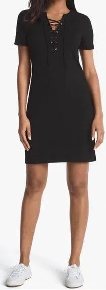 White House Black Market Lace Up Black Dress thumbnail 1