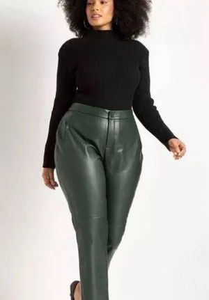 ELOQUII Women’s classic Fit Slim Green Faux Leather Ankle Dress Pants thumbnail 1