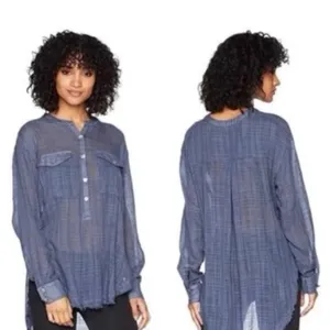 Free People Talk To‎ Me Popover Gauze Tunic Shirt Blouse XS sheer blue Boho thumbnail 2