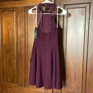 Lulu’s New Hometown Girl Plum Purple High Beck Lace Skater Mini Dress Size Small thumbnail 2