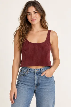 Free People FP Beach Burgundy Ribbed Knit Crop Tank Top Large NWT thumbnail 1
