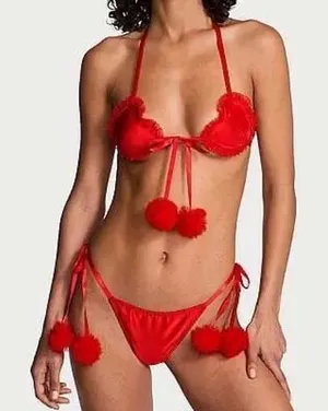 NWT Victoria's Secret Womens Red Satin Heartbreaker Pom Sexy Lingerie Set M-DD thumbnail 1