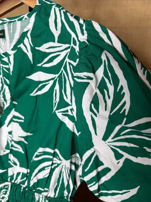 Meadow Rhodes Green White Tropical Leaf Cotton Midi Dress Size Small thumbnail 6