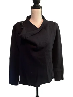 EILEEN FISHER Jacket Size Small Black Boiled Wool Leather Buckle Accent Women’s thumbnail 1