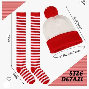 Red and white Beanie, Stripped Socks Costume for women Pompom Cuff beanie thumbnail 3