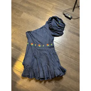 Fanm Mon Flame Mini‎ Linen One Sleeve Ruffle Hem Floral Embroidery Dress Size L thumbnail 3