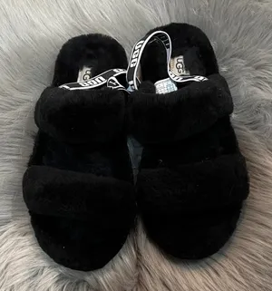 NWOT UGG Black Fluffy Slides Strappy Back sz 6 thumbnail 1