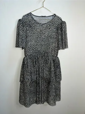Zara Black and White Leopard Tiered Short Sleeve Dress Medium thumbnail 2