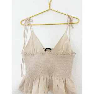 NWT Zara Tan Smocked Tie Straps Lace Trim Top Size Medium 0881/010 thumbnail 9