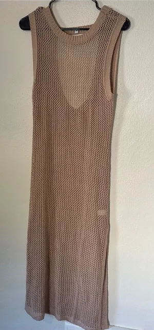 Sleeveless Knit Mesh Cover Up Dress in Taupe thumbnail 1