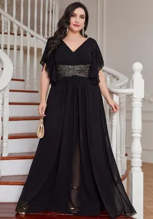 Unithorse Black Chiffon Flutter Sleeve Sequin Waist Slit Evening Formal Dress 12 thumbnail 1