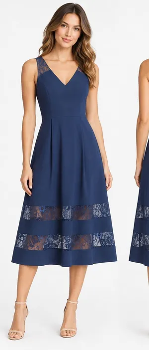 NWT Aidan Mattox Navy Crepe Lace V Neck Midi Cocktail Dress Size 4 thumbnail 1