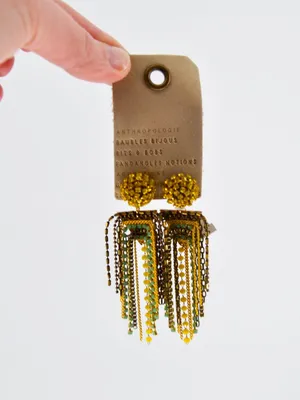 NWT Anthropologie Rhinestone Fringe Tassel Earrings Yellow Gold Blue thumbnail 2